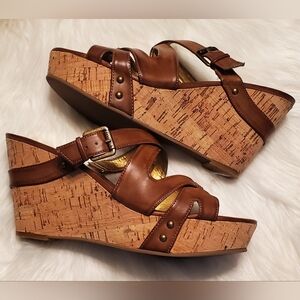 Guess Barclay Brown Leather Cork Wedge Platform Slip On Sandal Heels Size 10